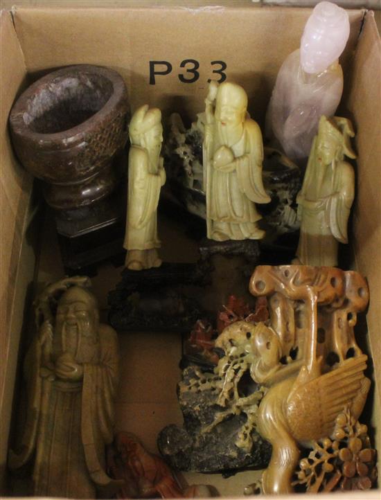 Collection 7 Chinese soapstone carvings and a quartz Kwan Yin